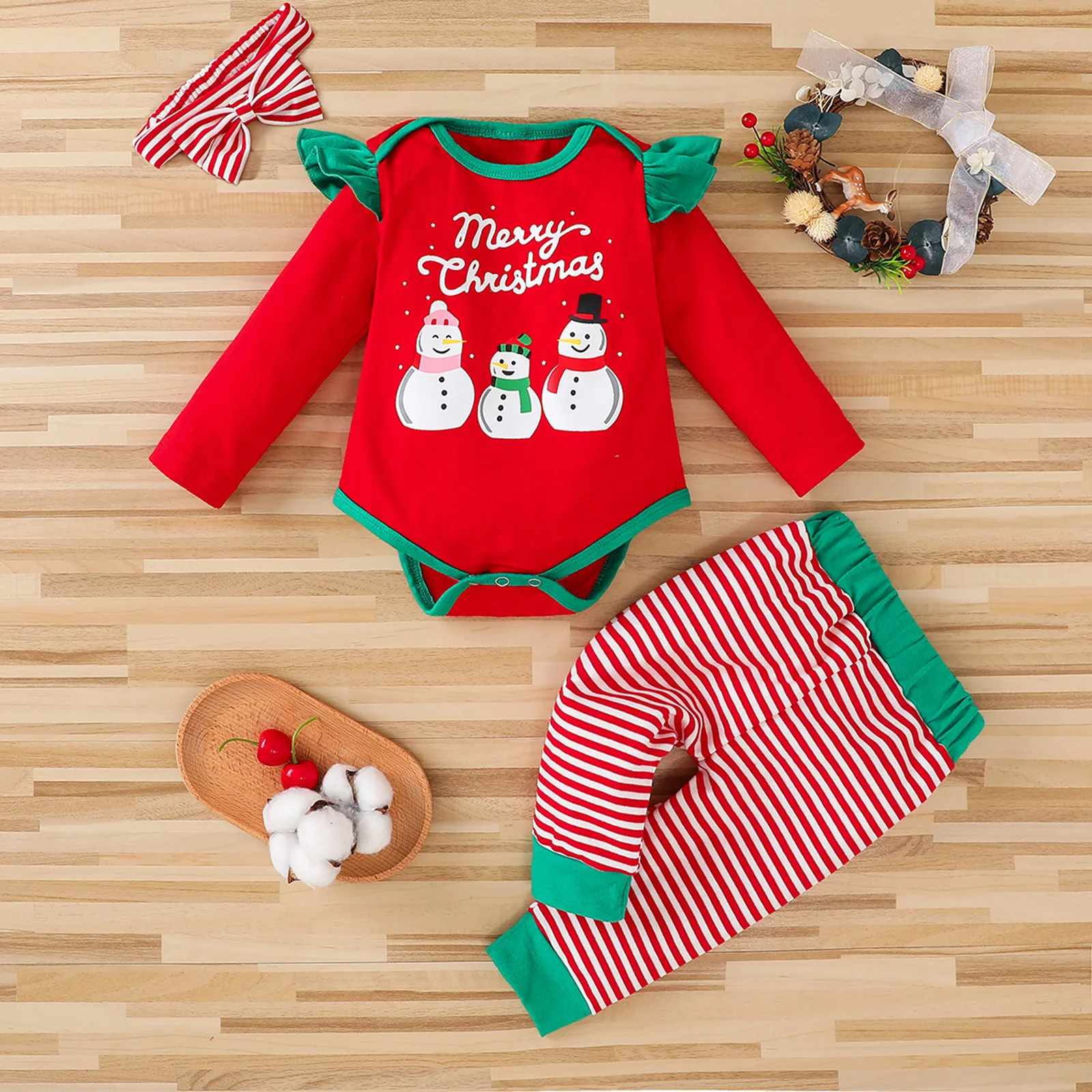 

0-18Months Newboen Infant Baby Girls Letter Christmas Romper+ Stripe Pants+Headbands Set повязка на головђ зима cute snowman M5